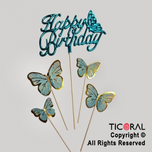 CAKE TOPPER CON 4 MARIPOSAS CELESTES Y HAPPY BIRTHDAY CURSIVA TURQUESA METALIZADO